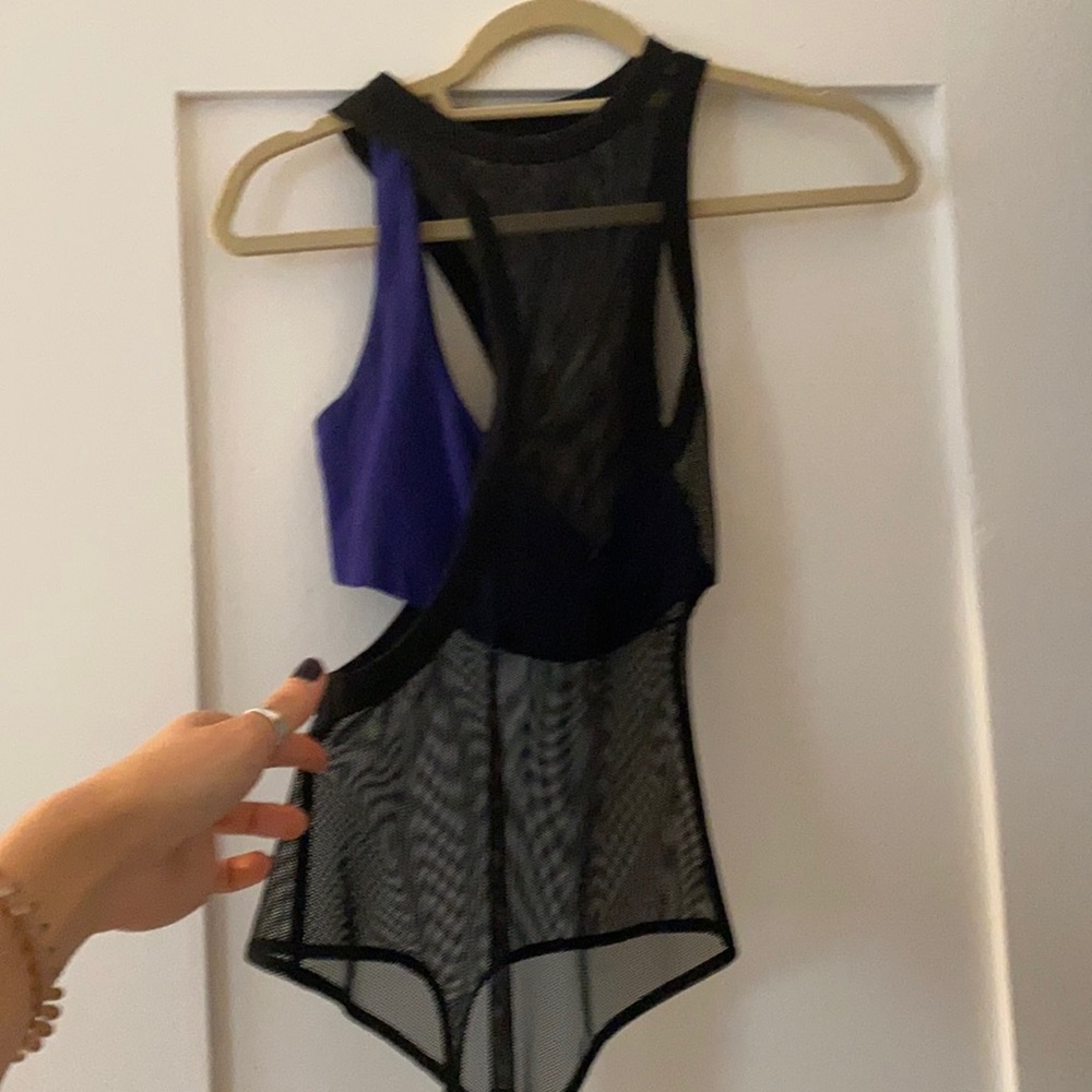 Revolve black and royal blue cut out mesh bodysuit